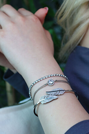 Çelik Kelepçe Bileklik & Su Yolu Bileklik & Tektaş Bileklik Takı Seti