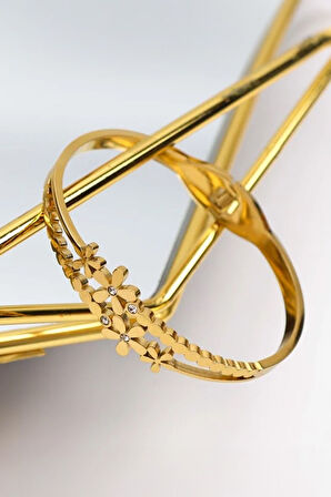 Taş Detaylı Kelepçe Bileklik & Çiçekli Bileklik & Suyolu Bileklik Takı Seti