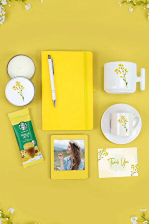 Defter & Kalem & T Kupa & Fincan & Mum &İnstagram Çerçeve & Tek İçimlik Latte Hediye Seti