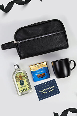 Babalar Gününe Özel Erkek El Çantası & Tıraş Kolonyası & Siyah Kupa & Çikolata Hediye Seti