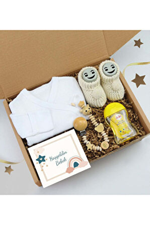 Yenidoğan Bebek Zıbını & Örme Patik & Ahşap Figürlü Emzik Tutucu & Dalin Bebek Şampuanı Hediye Seti