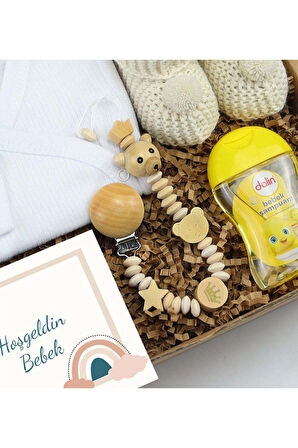 Yenidoğan Bebek Zıbını & Örme Patik & Ahşap Figürlü Emzik Tutucu & Dalin Bebek Şampuanı Hediye Seti