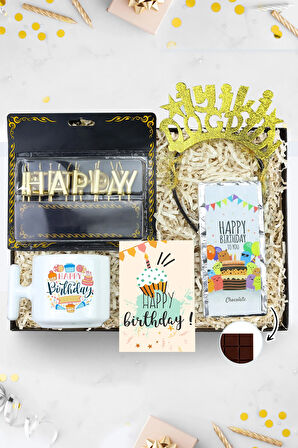 Gold Happy Birthday Harf Mum & Happy Birthday Çikolata & T Kupa & Happy Birthday Taç Hediye Seti