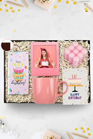 Happy Birthday Çikolata & Pembe Kupa & Pembe İnstagram Çerçeve & Pembe Bubble Mum Hediye Seti