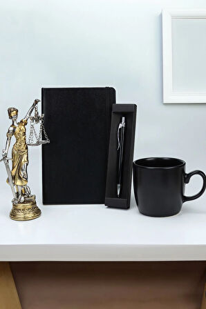 Siyah Tükenmez Kalem & Siyah Defter & Siyah Kupa & Adalet Heykeli Hediye Seti