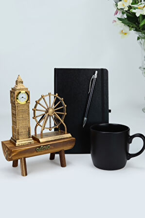 Siyah Defter & Siyah Tükenmez Kalem & Siyah Mat Kupa & London Big Ben Biblo Hediye Seti