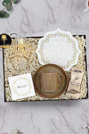 Çizgili Turuncu Fincan & Türk Kahvesi & Sunum Kahve Peçetesi & Kristal Mini Abajur Hediye Seti