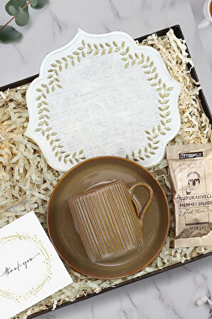 Çizgili Turuncu Fincan & Türk Kahvesi & Sunum Kahve Peçetesi & Kristal Mini Abajur Hediye Seti