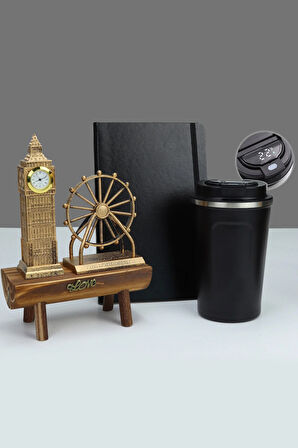 Siyah Defter & 380 ML Siyah Kaydırmaz Dereceli Termos & London Big Ben Biblo Hediye Seti