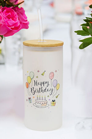 Pipetli Cam Bardak &  Pembe Çerçeve & Pembe Mum & Renkli Balık Figürlü Kolye Doğum Günü Hediye Seti