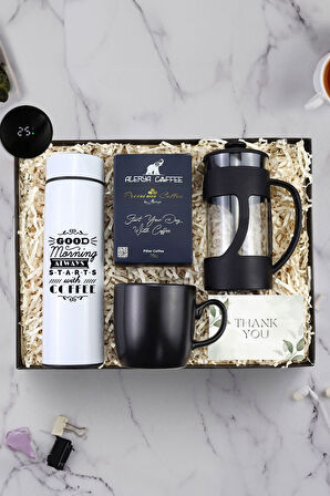 Tasarım Dereceli Termos & Siyah French Press & Siyah Kupa & Alerya Premium Filtre Kahve Seti