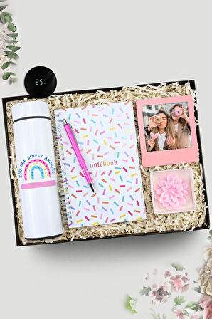 Tasarım Dereceli Termos & Konfeti Defter & Pembe Tükenmez Kalem & Lotus Mum & Çerçeve Hediye Seti