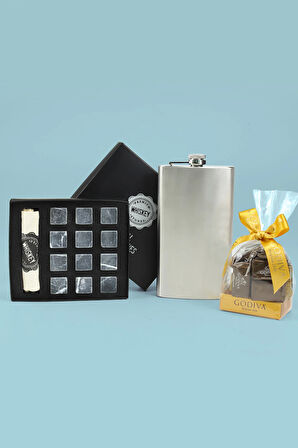 Çelik Cep Matarası & Godiva Napoliten Çikolata &  Viski Taşı Soğutma Taşı Seti Hediye Seti