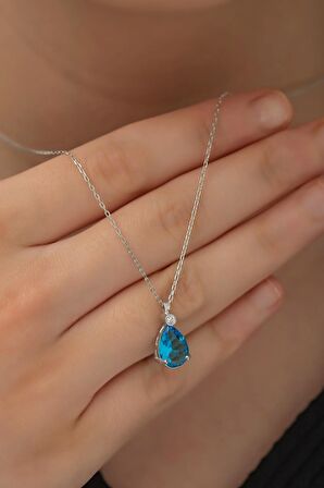 925 Ayar Gümüş Aqua Taşlı Damla Tektaş Kolye Kadın Gümüş Kolye