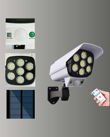 77 LED'li Güneş Enerjili Güvenlik Lambası ve Kukla Kamera – Hareket Sensörlü, 2400mAh Pilli