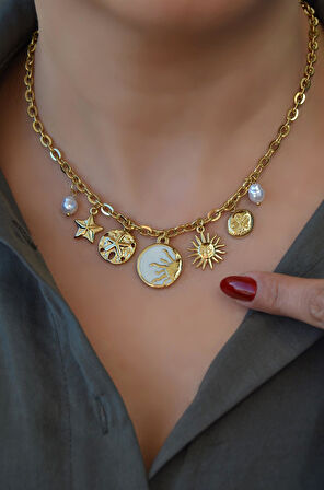 Güneş İnci ve Yıldız Charmlı Çelik Kolye Gold Renk Güneş Detaylı Choker