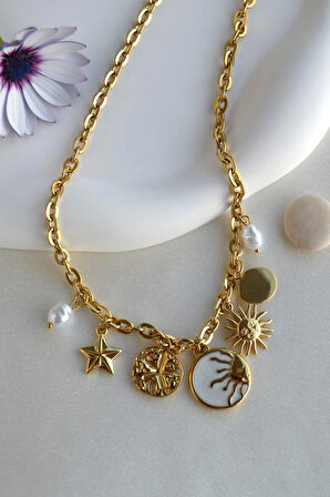 Güneş İnci ve Yıldız Charmlı Çelik Kolye Gold Renk Güneş Detaylı Choker
