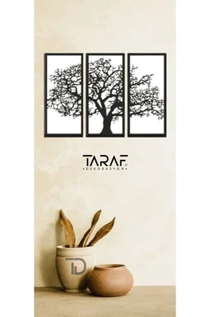 3 Parça Ağaç Tablo Lazer Kesim Dekoratif Tablo 42x62 Siyah Beyaz