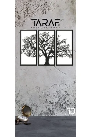 3 Parça Ağaç Tablo Lazer Kesim Dekoratif Tablo 42x62 Siyah Beyaz