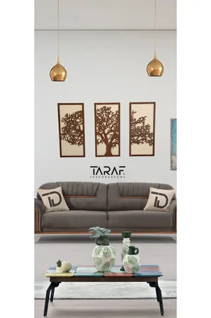 3 Parça Ağaç Tablo Lazer Kesim Dekoratif Tablo 42x62 Krem Ceviz