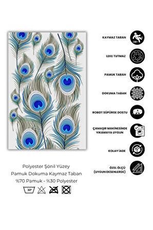 Tavus Kuşu Tüyü Desenli Mavi Halı Dijital Baskılı Dokuma Kaymaz Tabanlı Yıkanabilir Salon Halısı