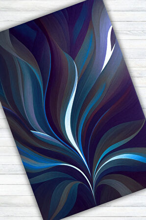 The Reef Design Koyu Mavi Yaprak Desenli Halı Dijital Baskılı Dokuma Kaymaz Tabanlı Yıkanabilir Salon Halısı