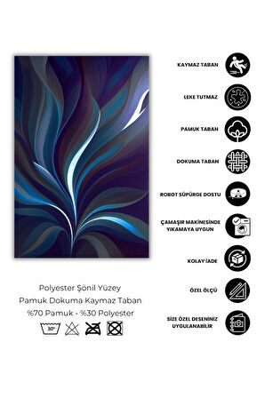 The Reef Design Koyu Mavi Yaprak Desenli Halı Dijital Baskılı Dokuma Kaymaz Tabanlı Yıkanabilir Salon Halısı