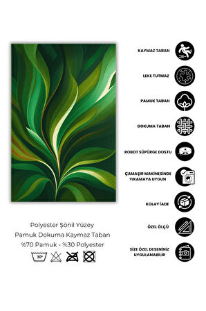 The Reef Design Yeşil Yaprak Desenli Halı Dijital Baskılı Dokuma Kaymaz Tabanlı Yıkanabilir Antialerjik Salon Halısı