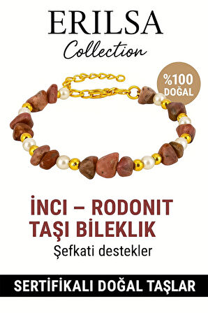 Sertifikalı Kırık Taşlı Model İnci Rodonit Taşı Bileklik – Sevgi ve Denge Enerjisi