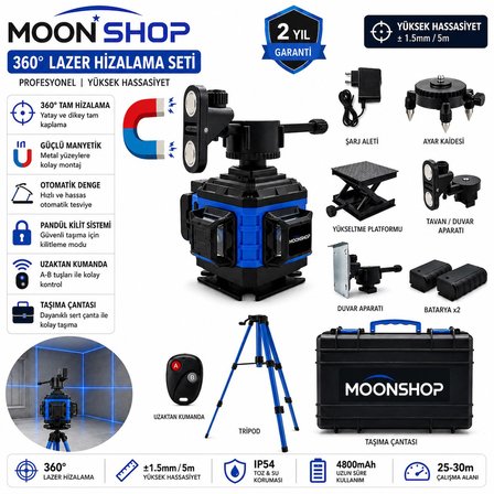 Moonshop 360° Yeşil Lazer Hizalama Seti Şarjlı 16 Çizgili Tripodlu Profesyonel Lazer Terazi