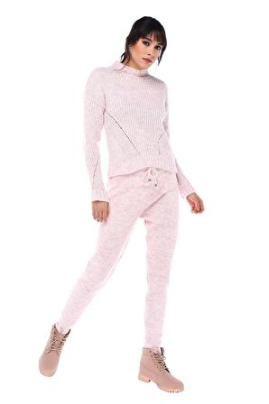 Balıkçı Yaka Düz Örgülü Alt Üst Pembe Triko Takım