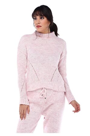 Balıkçı Yaka Düz Örgülü Alt Üst Pembe Triko Takım