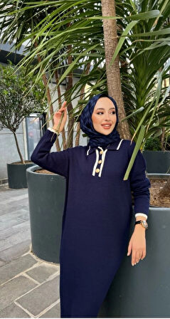 Kadın Oversize Yaka Düğmeli Triko Elbise
