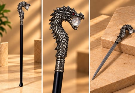 Delux Serisi Dragon Büstü Kılıçlı Baston Hatıra Sunum