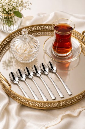 6'lı Paslanmaz Çelik Çay Kaşığı 11 cm Parlak Çelik Tatlı ve Kahve Kaşığı Seti