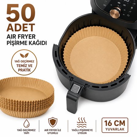 50'li Air Fryer Pişirme Kağıdı 16 cm Yuvarlak Yağlı Kağıt - Yağ Geçirmez Tek Kullanımlık Fırın Kağıdı
