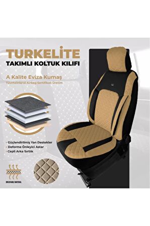 Türkelite Serisi Baklava Desenli Kumaş Deri Detay Koltuk Kılıfı Takımı Pilot 1+1 Ön İki Bej