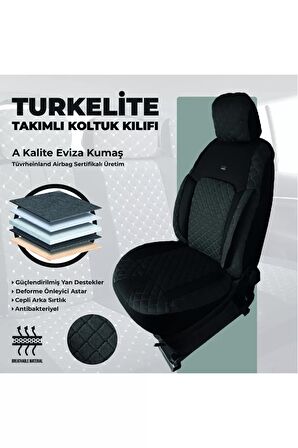 Türkelite Serisi Baklava Desenli Kumaş Deri Detay Koltuk Kılıfı Takımı Pilot 1+1 Ön İki Siyah