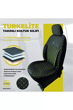 Türkelite Serisi Baklava Desenli Kumaş Deri Detay Koltuk Kılıfı Takımı Pilot 1+1 Ön İki Siyah Sarı