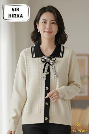 Kadın Triko Polo Yaka Düğmeli Fiyonklu Hırka