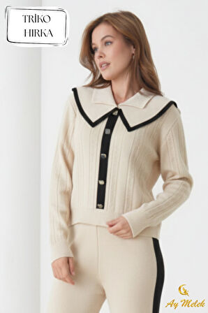 Kadın Triko Hırka Biyeli Geniş Düz Yaka Düğmeli Hırka