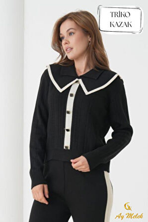 Kadın Triko Hırka Biyeli Geniş Düz Yaka Düğmeli Hırka