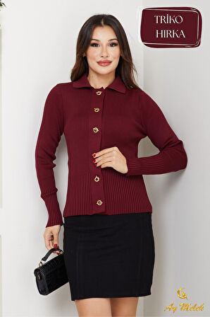 Kadın Triko Polo Yaka Kısa Fitilli Düğmeli Hırka