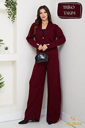 Kadın Triko Takım Düğmeli Şal Yaka Şık Pantolon Takım