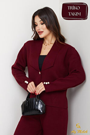 Kadın Triko Takım Düğmeli Şal Yaka Şık Pantolon Takım