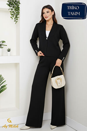 Kadın Triko Takım Düğmeli Şal Yaka Şık Pantolon Takım