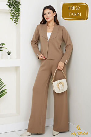 Kadın Triko Takım Düğmeli Şal Yaka Şık Pantolon Takım