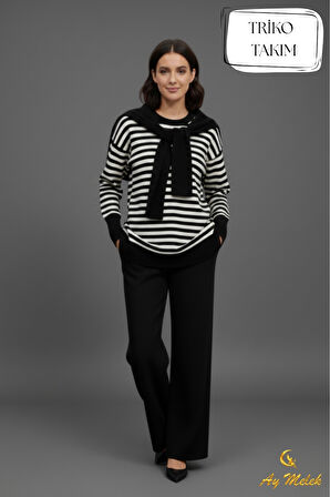 Kadın Triko Pantolon Takım Çizgili Atkı Detaylı Bisiklet Yaka Takım