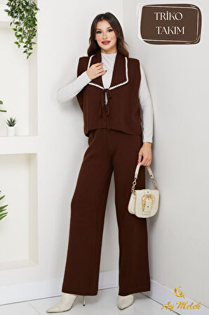 Kadın Triko Takım Şal Yaka Yelekli Pantolon Takım