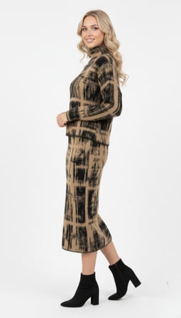 Dik Yaka Şardonlu Desenli Triko Kazak - Etek Takım